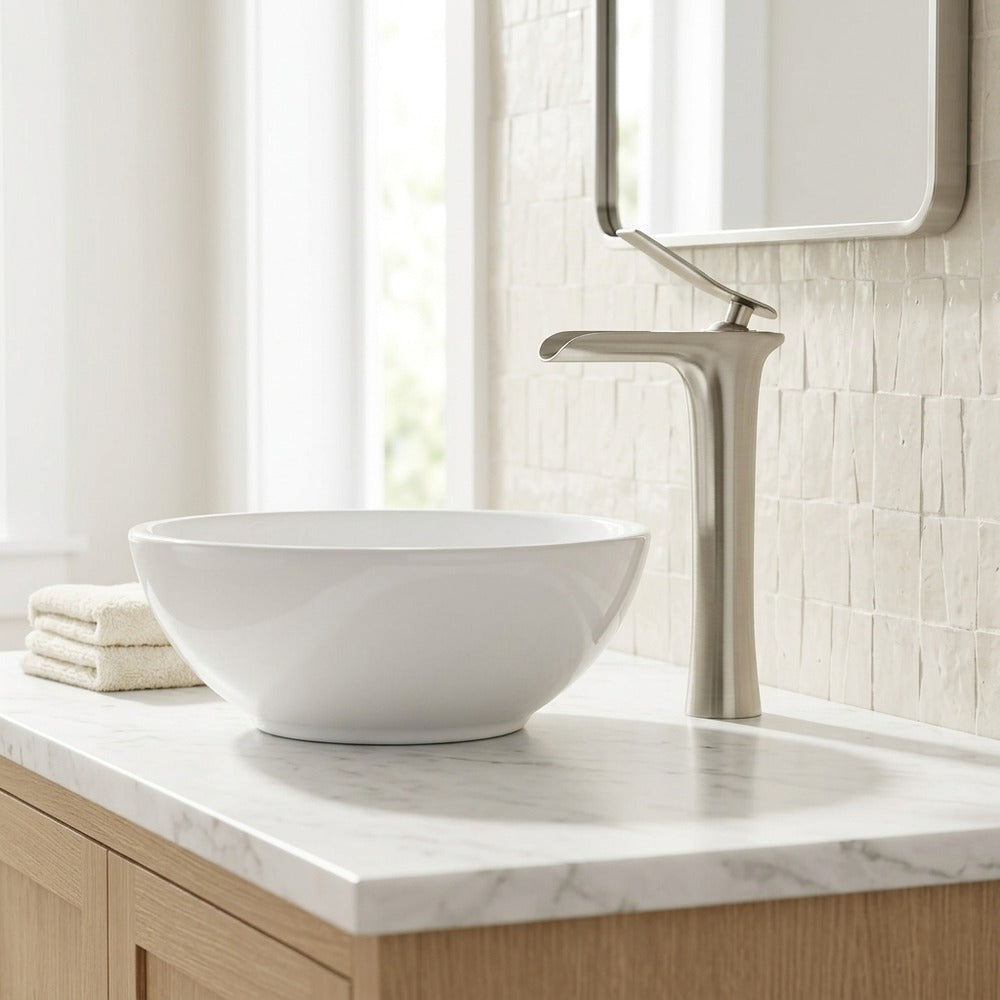 Lagomel waterfall single-handle vessel sink faucet, set in a Modern/Contemporary bathroom