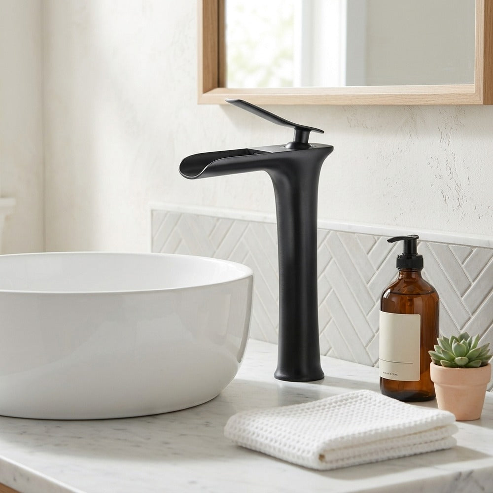 Lagomel waterfall single-handle vessel sink faucet, set in a Modern/Contemporary bathroom
