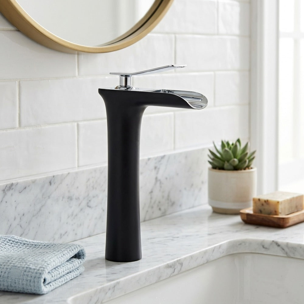 Lagomel waterfall single-handle vessel sink faucet, set in a Modern/Contemporary bathroom