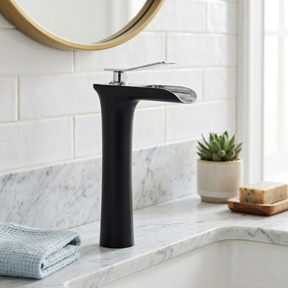 Lagomel waterfall single-handle vessel sink faucet, set in a Modern/Contemporary bathroom