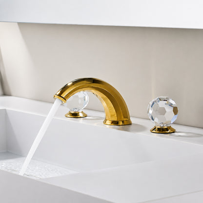 Polished Gold Modern Widespread Bathroom Faucet, Dual Crystal Knob Handles Faucet