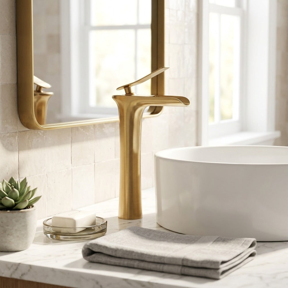 Lagomel waterfall single-handle vessel sink faucet, set in a Modern/Contemporary bathroom