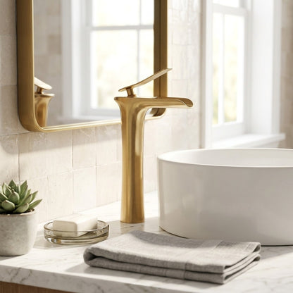 Lagomel waterfall single-handle vessel sink faucet, set in a Modern/Contemporary bathroom