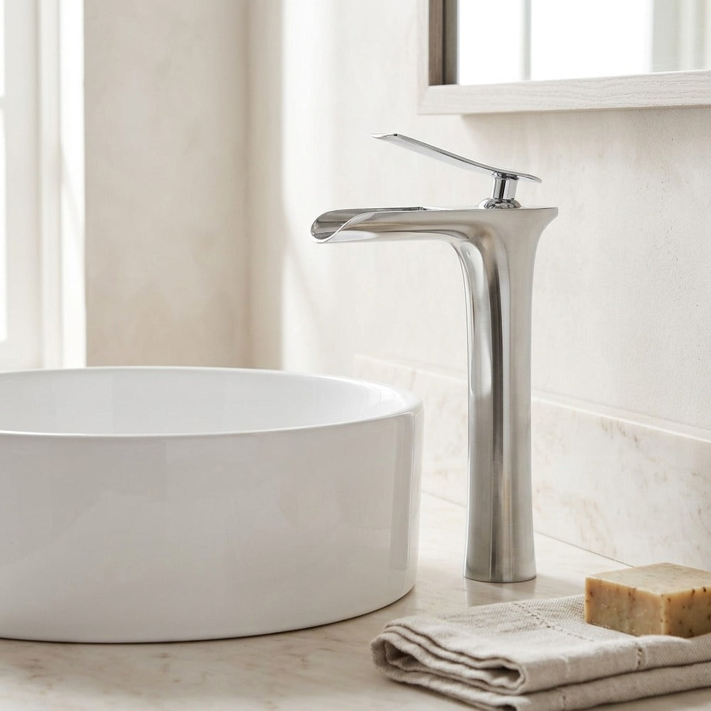 Lagomel waterfall single-handle vessel sink faucet, set in a Modern/Contemporary bathroom