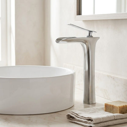 Lagomel waterfall single-handle vessel sink faucet, set in a Modern/Contemporary bathroom