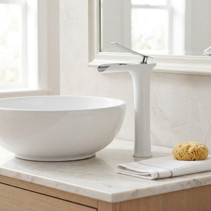 Lagomel waterfall single-handle vessel sink faucet, set in a Modern/Contemporary bathroom