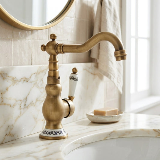 Lagomel single-hole bathroom faucet in antique brass, set in a Traditional/Classic/Vintage/Retro bathroom