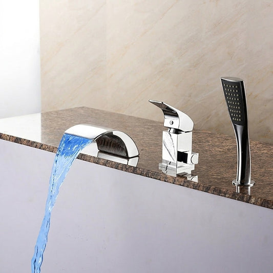 Lagomel waterfall single-handle deck-mount tub filler in chrome, set in a Modern/Contemporary bathroom
