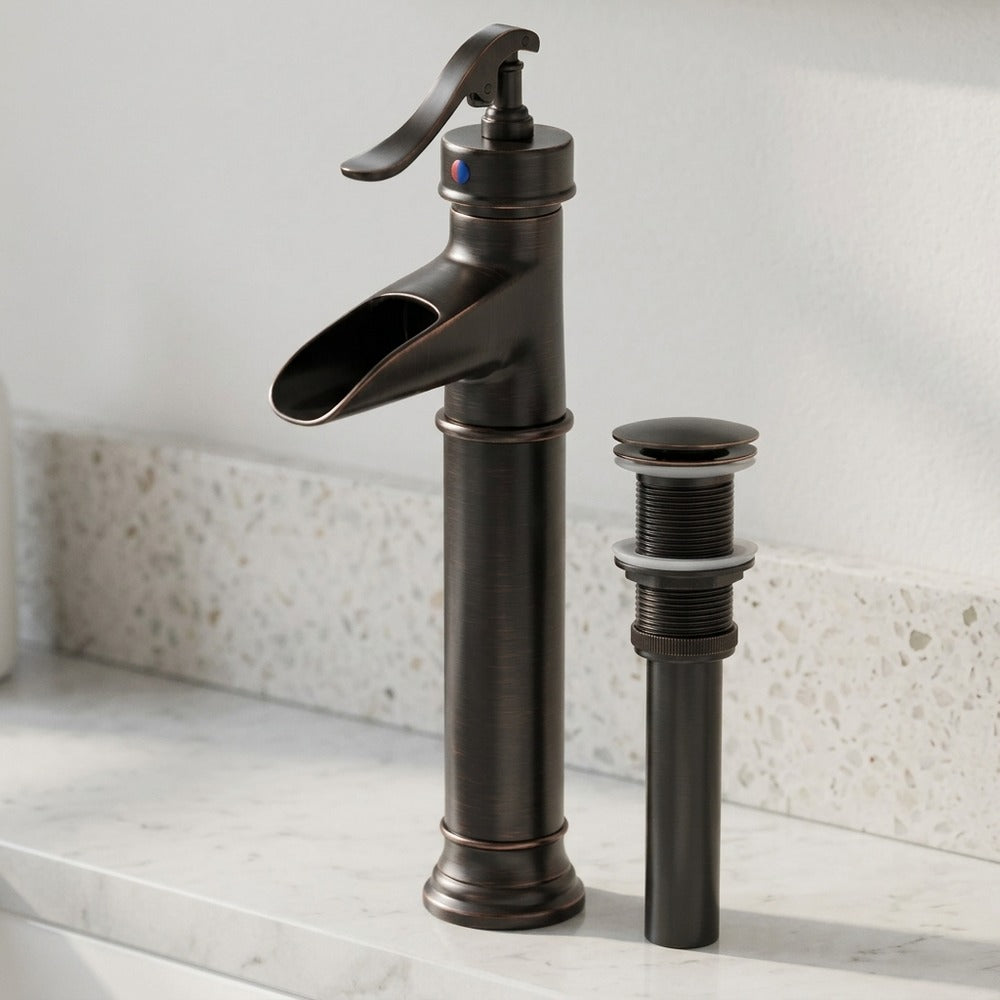 Lagomel vessel sink waterfall faucet and drain set in oil-rubbed bronze, set in a Contemporary bathroom