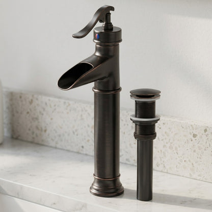 Lagomel vessel sink waterfall faucet and drain set in oil-rubbed bronze, set in a Contemporary bathroom
