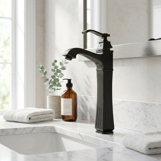 Lagomel vessel sink single-hole bathroom faucet in oil-rubbed bronze, set in a Traditional/Classic/Vintage/Retro bathroom