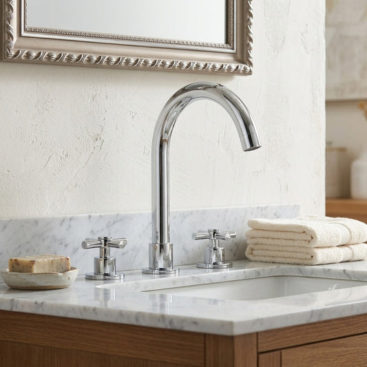 Lagomel widespread bathroom faucet in chrome, set in a Vintage/Retro bathroom