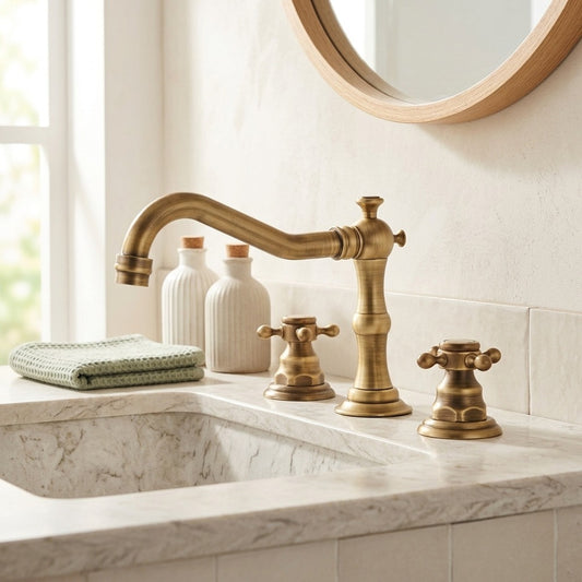 Lagomel widespread bathroom faucet in antique brass, set in a Traditional/Classic/Vintage/Retro bathroom