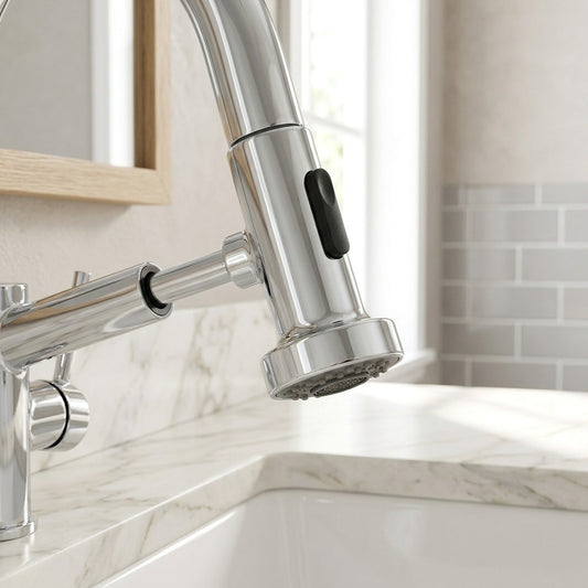 Lagomel pull-down replacement spray head in chrome, set in a Modern kitchen
