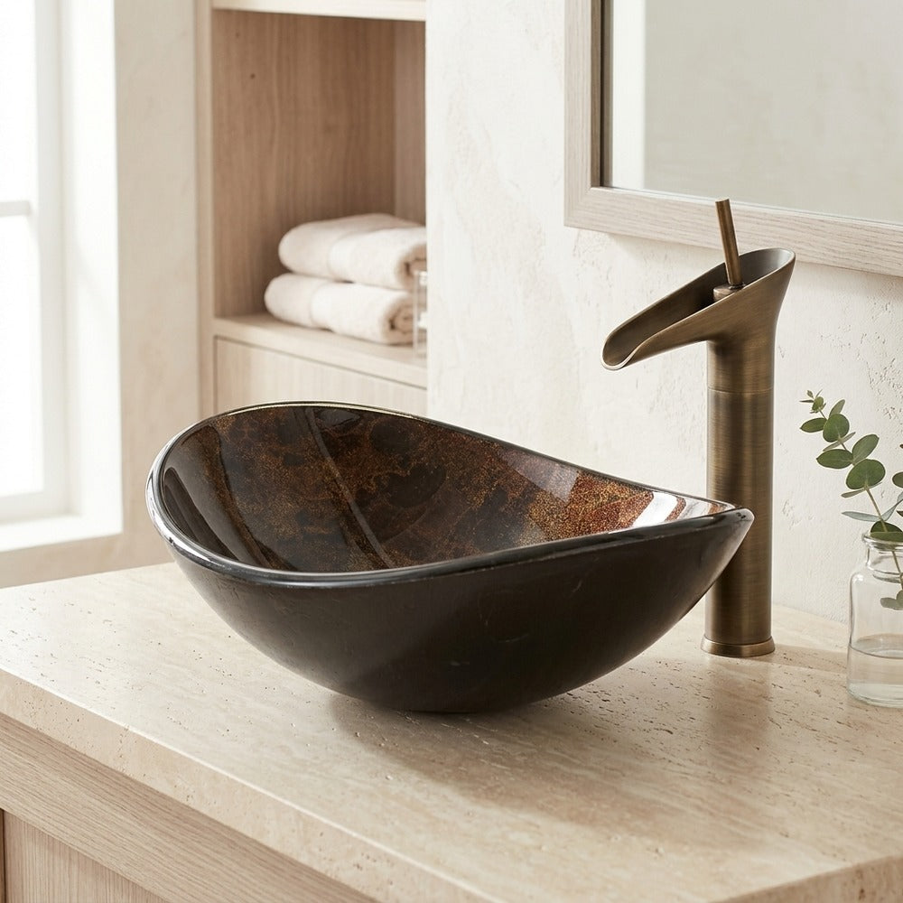 Lagomel waterfall single-handle faucet and sink set in two-tone / mixed finish, set in a Contemporary bathroom