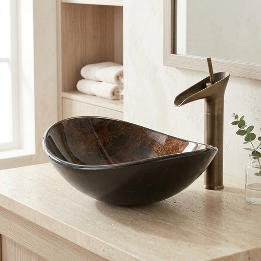 Lagomel waterfall single-handle faucet and sink set in two-tone / mixed finish, set in a Contemporary bathroom