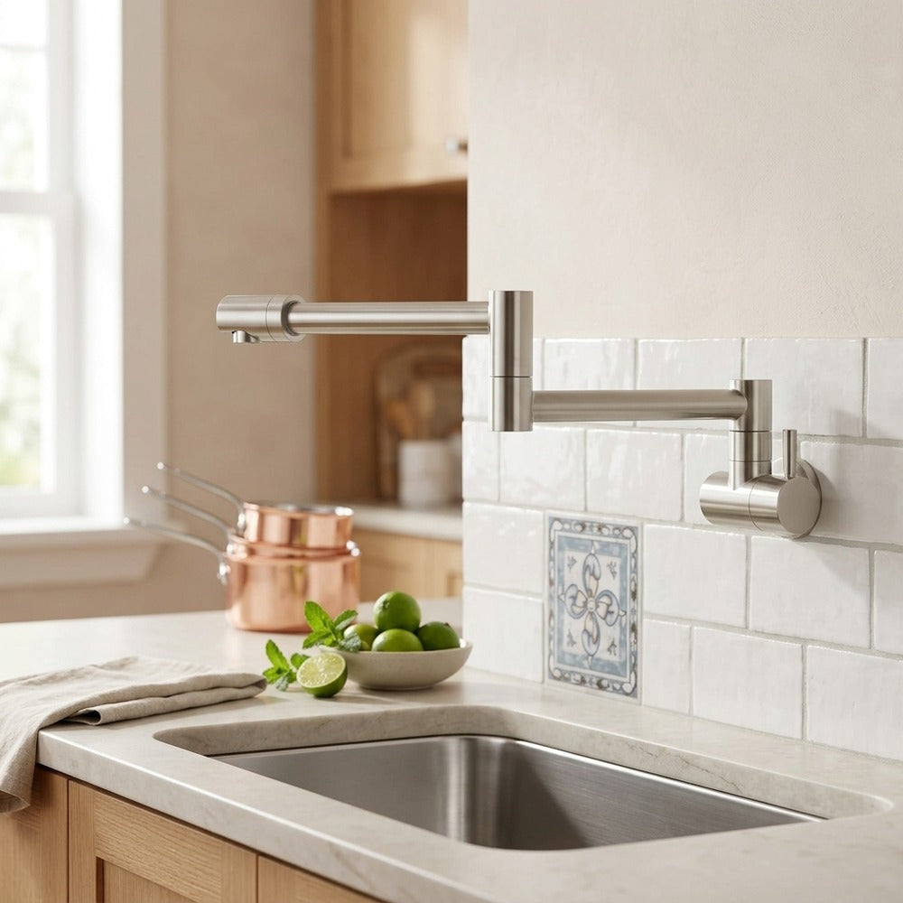 Lagomel wall-mounted single-handle pot filler in brushed nickel, set in a Modern/Contemporary bathroom