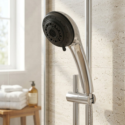 Lagomel hand shower in chrome, set in a Contemporary bathroom