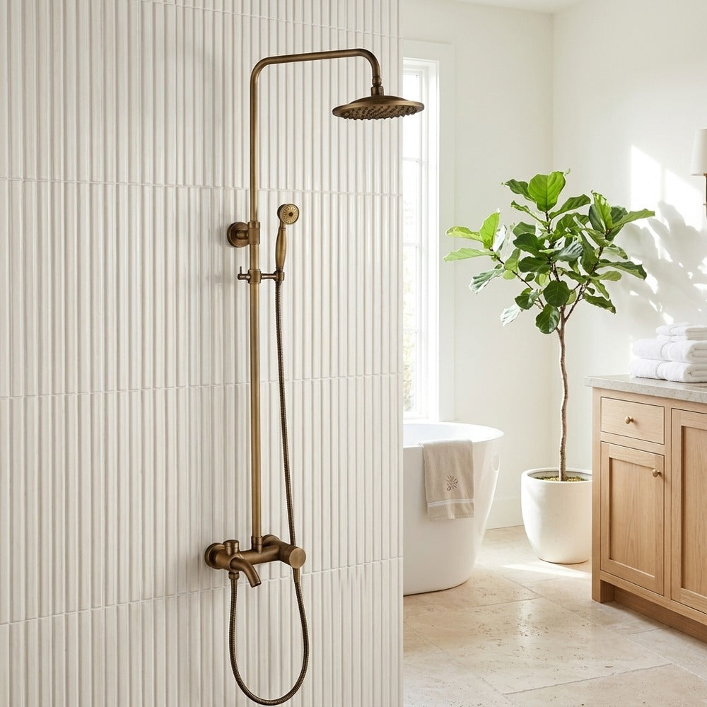 Lagomel wall-mounted tub and shower system in antique brass, set in a Vintage/Retro bathroom