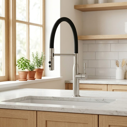 Lagomel single-handle pull-down kitchen faucet in brushed nickel, set in a Modern/Minimalist kitchen