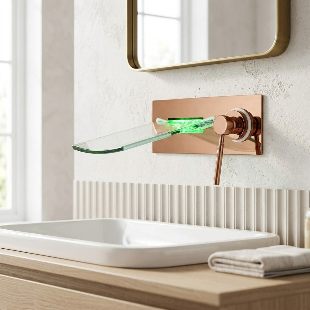Lagomel waterfall single-handle wall-mount bathroom faucet in chrome, brushed nickel, oil-rubbed bronze, brushed gold, rose gold, set in a Contemporary/Modern bathroom