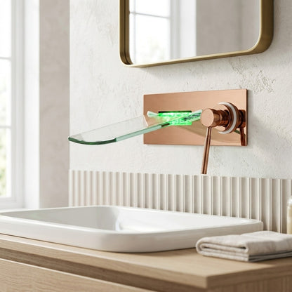 Lagomel waterfall single-handle wall-mount bathroom faucet in chrome, brushed nickel, oil-rubbed bronze, brushed gold, rose gold, set in a Contemporary/Modern bathroom