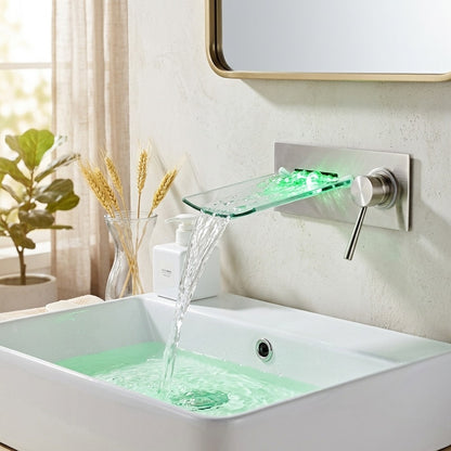 Lagomel waterfall single-handle wall-mount bathroom faucet, set in a Modern/Vintage/Retro bathroom