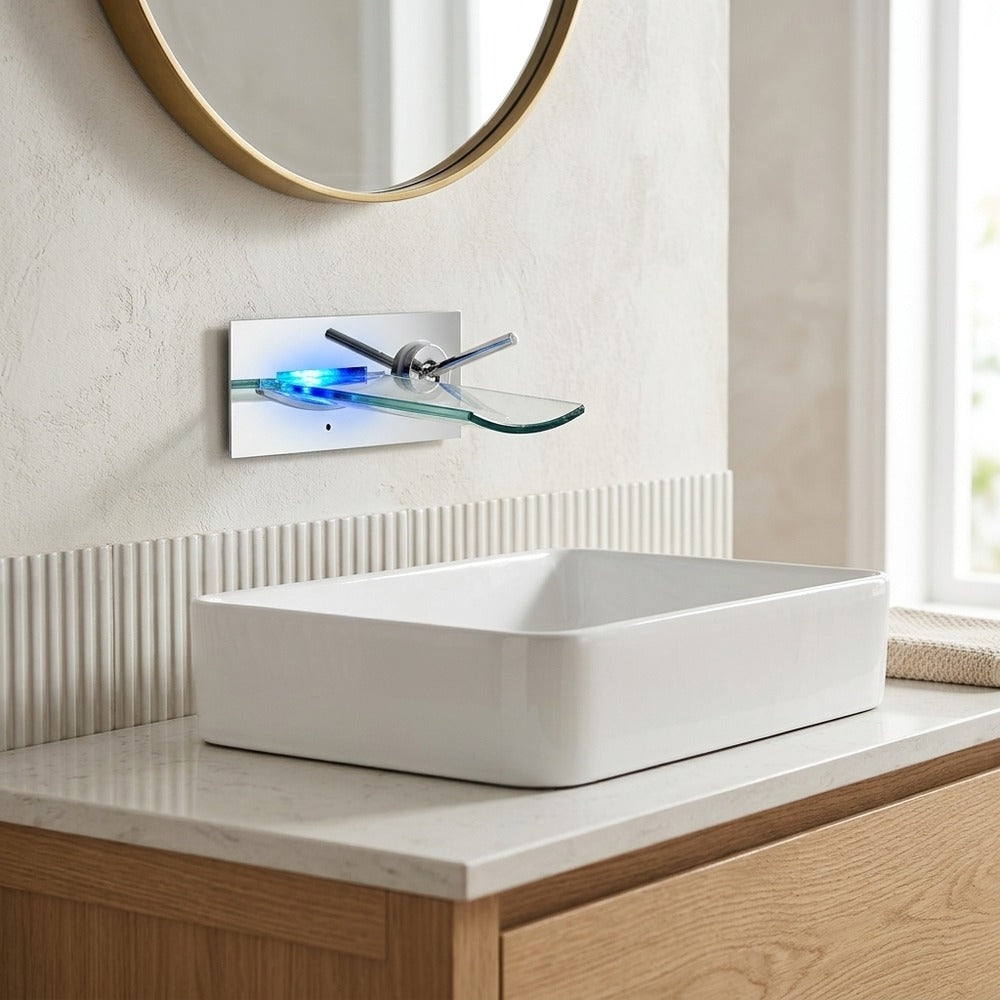 Lagomel waterfall single-handle wall-mount bathroom faucet, set in a Modern/Vintage/Retro bathroom