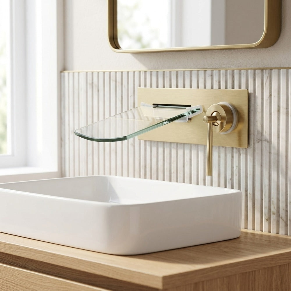 Lagomel waterfall single-handle wall-mount bathroom faucet, set in a Modern/Vintage/Retro bathroom
