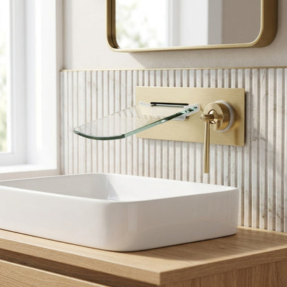 Lagomel waterfall single-handle wall-mount bathroom faucet, set in a Modern/Vintage/Retro bathroom