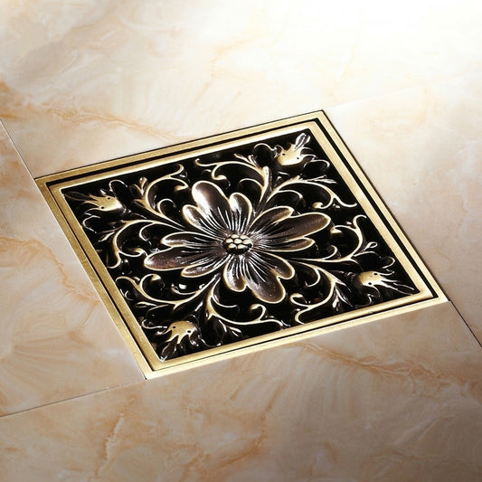 Lagomel square floor drain in antique brass, set in a Traditional/Classic bathroom