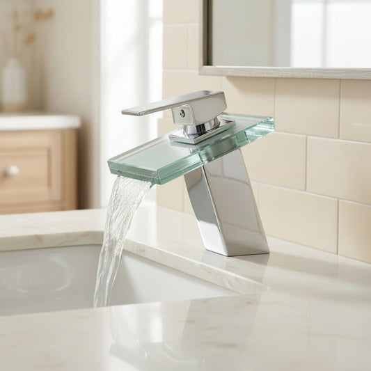 Lagomel waterfall single-hole bathroom faucet in chrome, set in a Modern/Contemporary bathroom