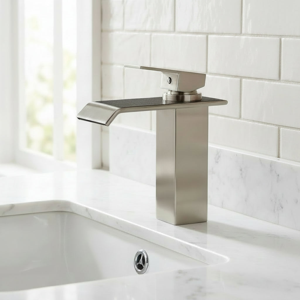 Lagomel waterfall single-hole bathroom faucet in brushed nickel, set in a Contemporary bathroom