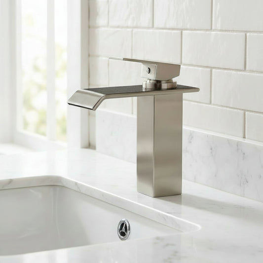Lagomel waterfall single-hole bathroom faucet in brushed nickel, set in a Contemporary bathroom