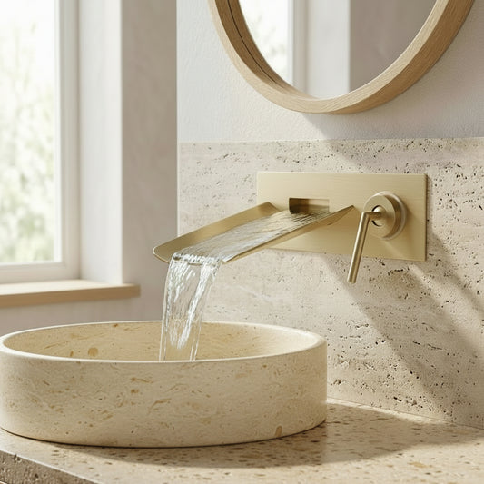 Lagomel waterfall single-handle wall-mount bathroom faucet in brushed gold, matte black, oil-rubbed bronze, set in a Contemporary bathroom