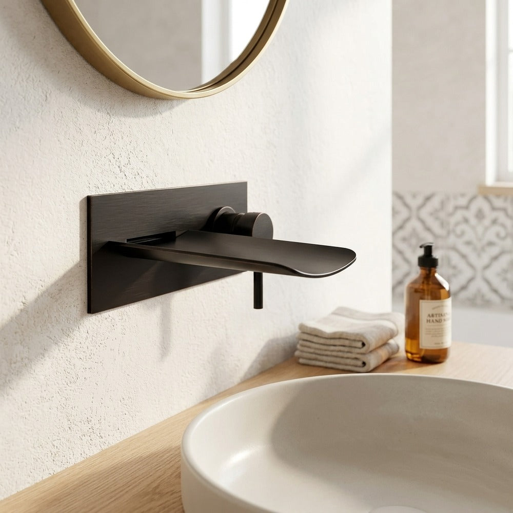 Lagomel waterfall single-handle wall-mount bathroom faucet, set in a Modern/Vintage/Retro bathroom