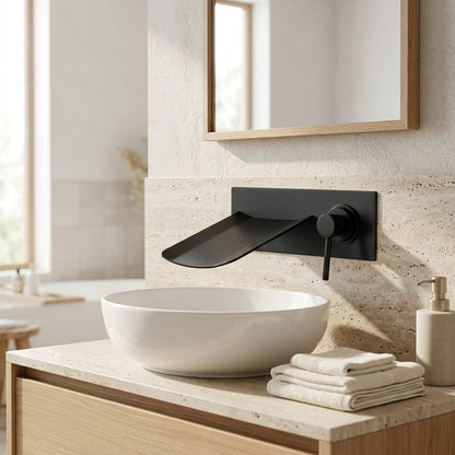 Lagomel waterfall single-handle wall-mount bathroom faucet, set in a Modern/Vintage/Retro bathroom