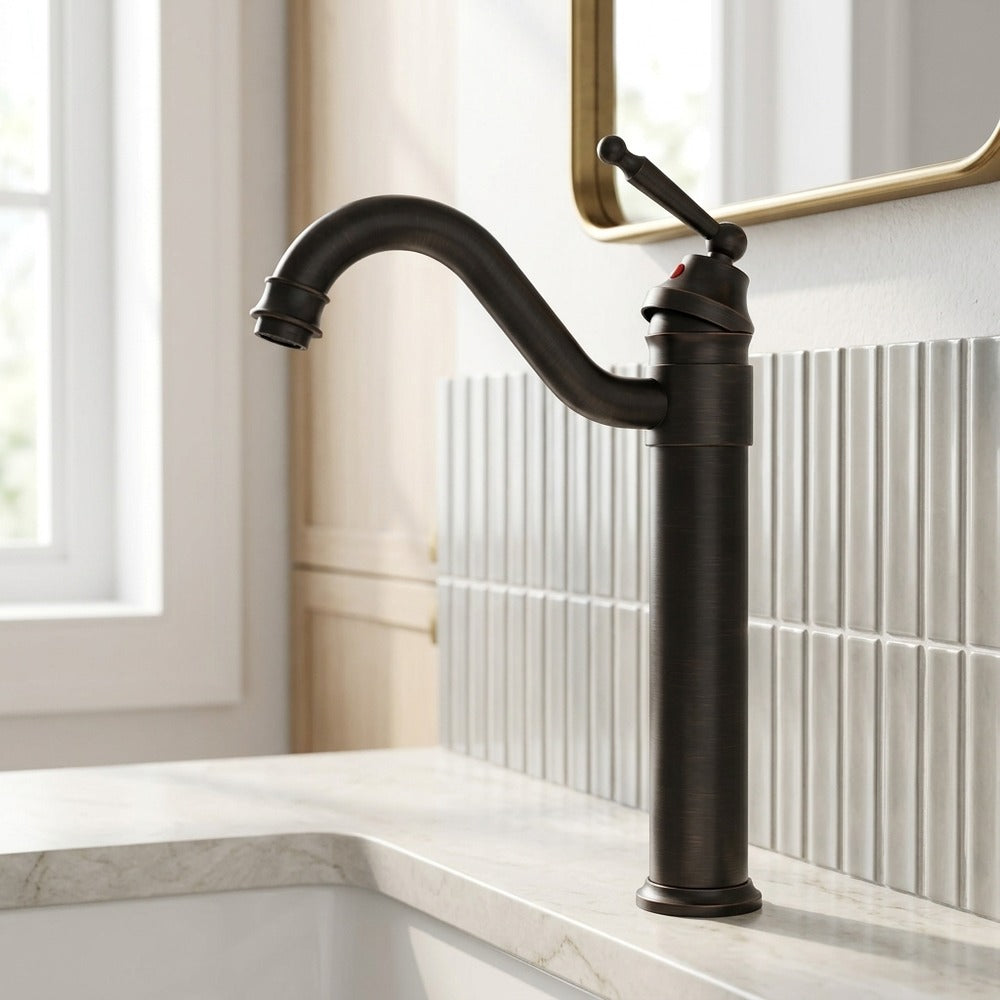 Lagomel single-hole bathroom faucet in antique brass, oil-rubbed bronze, brushed nickel, chrome, polished gold, two-tone /, set in a Traditional/Classic/Vintage/Retro bathroom