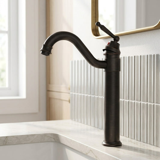 Lagomel single-hole bathroom faucet in antique brass, oil-rubbed bronze, brushed nickel, chrome, polished gold, two-tone /, set in a Traditional/Classic/Vintage/Retro bathroom