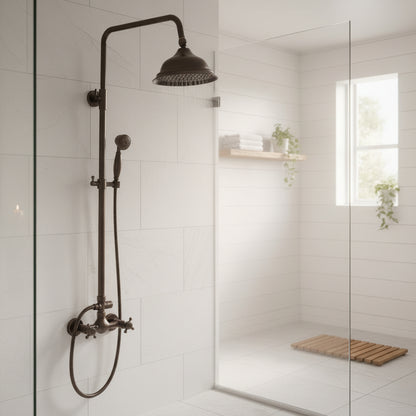 Lagomel wall-mounted complete shower system in oil-rubbed bronze, matte black, set in a Traditional/Classic/Vintage/Retro bathroom