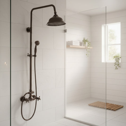 Lagomel wall-mounted complete shower system in oil-rubbed bronze, matte black, set in a Traditional/Classic/Vintage/Retro bathroom