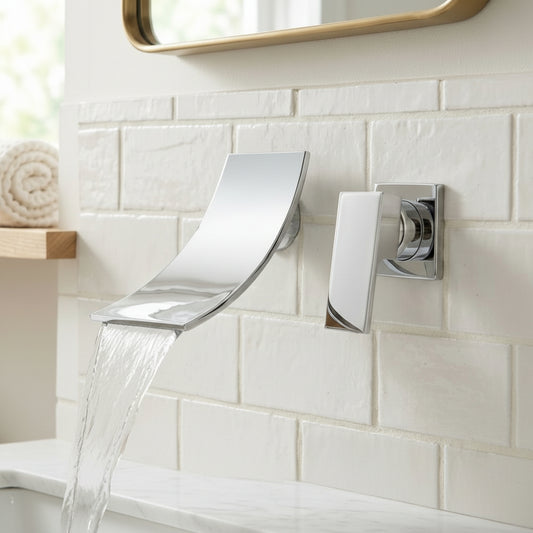 Lagomel waterfall single-handle wall-mount bathroom faucet in chrome, set in a Contemporary bathroom