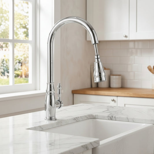 Lagomel single-hole single-handle pull-down kitchen faucet in oil-rubbed bronze, chrome, brushed nickel, polished gold, set in a Traditional/Classic kitchen