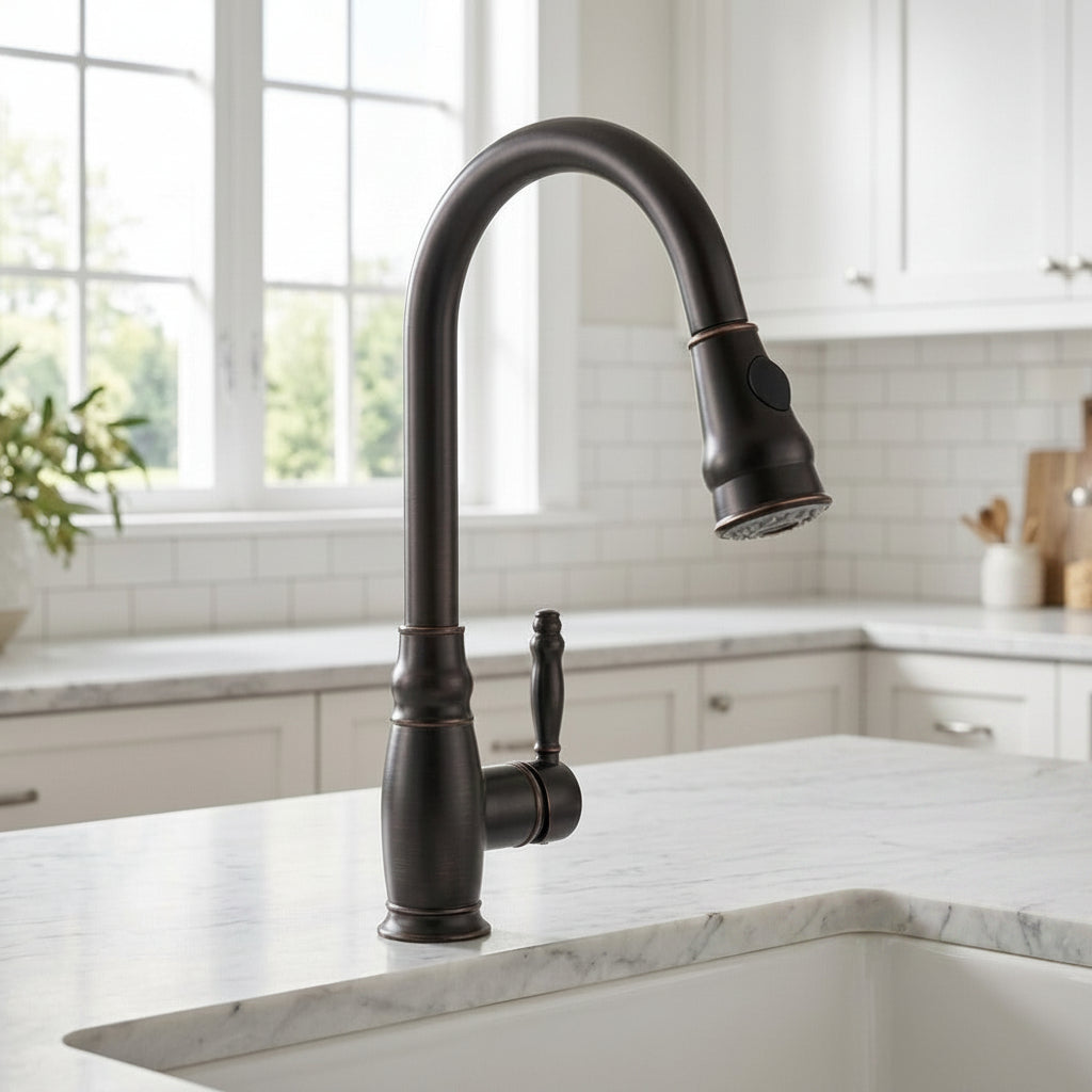 Lagomel single-hole single-handle pull-down kitchen faucet, set in a Modern kitchen