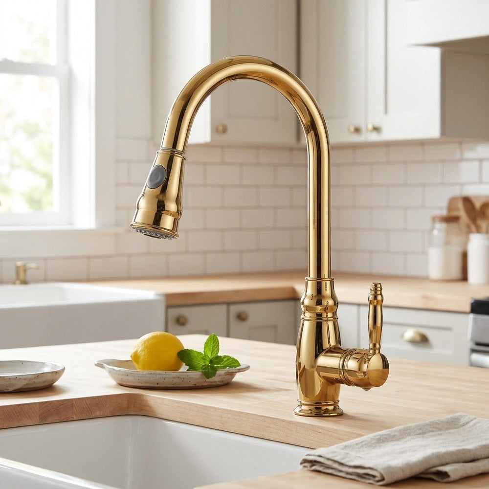 Lagomel single-hole single-handle pull-down kitchen faucet, set in a Modern kitchen