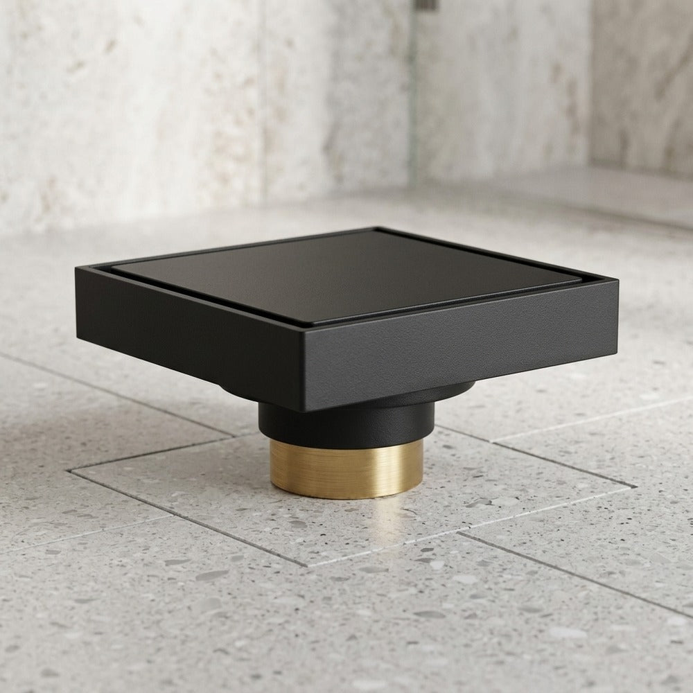 Lagomel square floor drain, set in a Contemporary bathroom