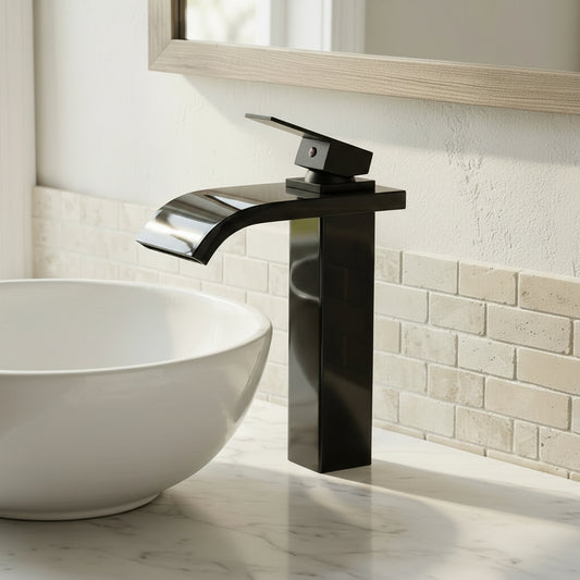 Lagomel single-hole waterfall vessel sink faucet in matte black, set in a Modern/Contemporary bathroom