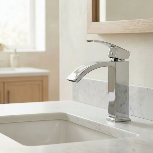 Lagomel waterfall single-hole bathroom faucet in chrome, set in a Modern/Contemporary bathroom
