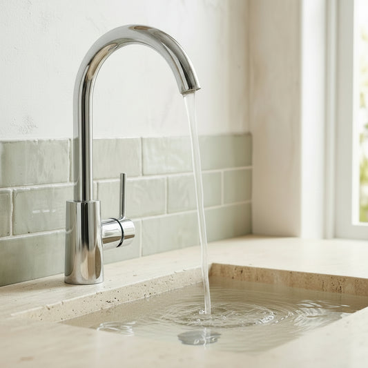Lagomel faucet aerator in chrome, set in a Modern bathroom