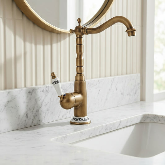 Lagomel single-handle vessel sink faucet in antique brass, set in a Traditional/Classic bathroom